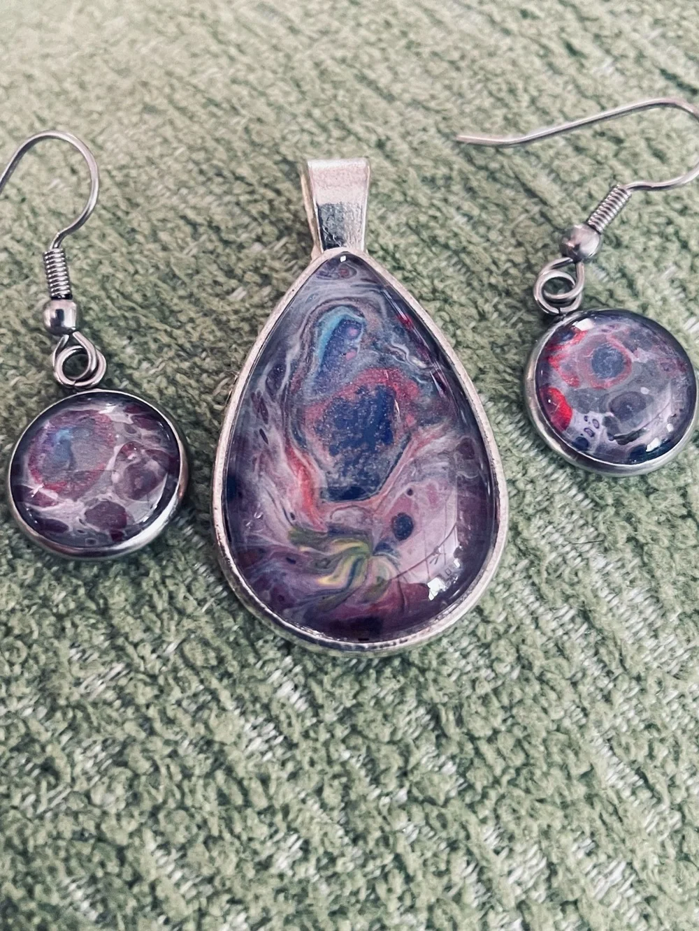 Handcrafted Teardrop Pendant & Earrings Set in Purple and Multicolor by me.